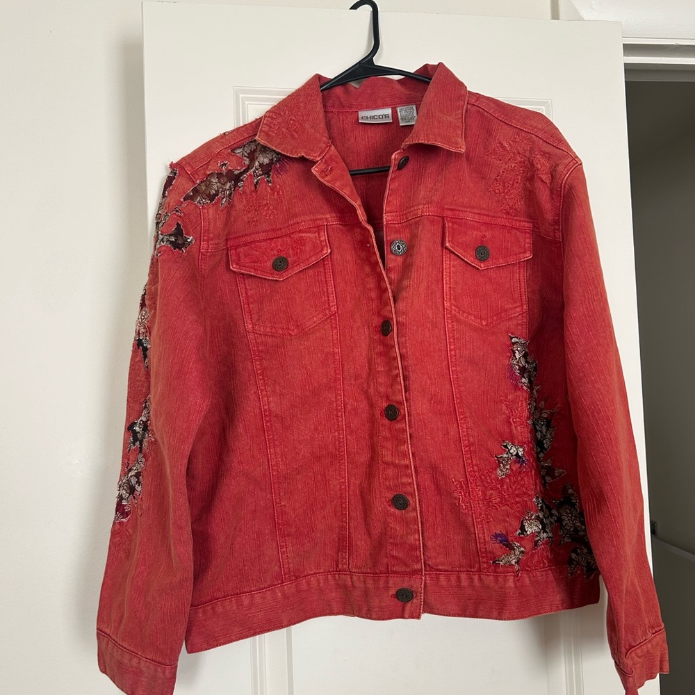 Chico's Orange Denim Jacket with Floral Details